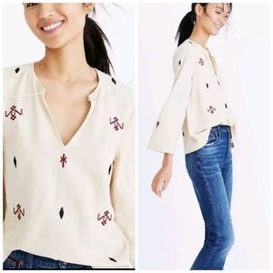 Madewell Women Shirt Small Silk Red Embroidered Aztec Print Tassel Poms Top